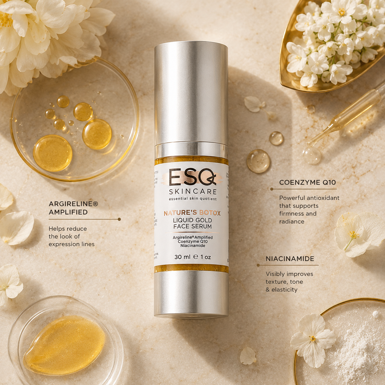 ESG Skincare Nature's Detox Liquid Gold Face Serum bottle centered on a warm beige surface with decorative skincare props and text callouts about argirelin®, coenzyme Q10, and niacinamide.