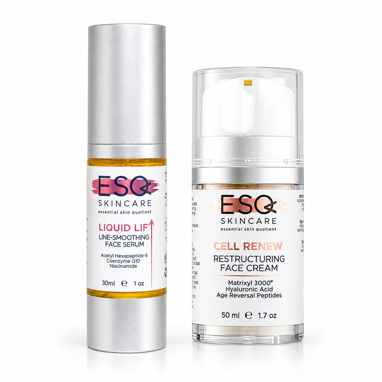 Two ESQ Skincare products on a white background: a silver bottle of Liquid Lip Line-Smoothing Face Serum and a clear bottle of Cell Renew Restructuring Face Cream.