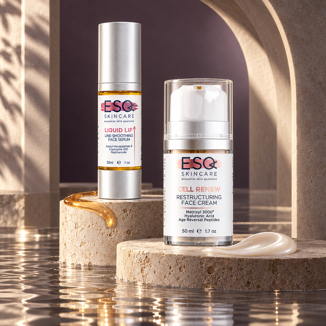 Two skincare products from ESO Skincare are displayed on stone pedestals in a reflective water setting. The taller bottle on the left is the Liquid Lip Re-Smoother Face Serum, and the shorter jar on the right is the Cell Renew Restructuring Face Cream.