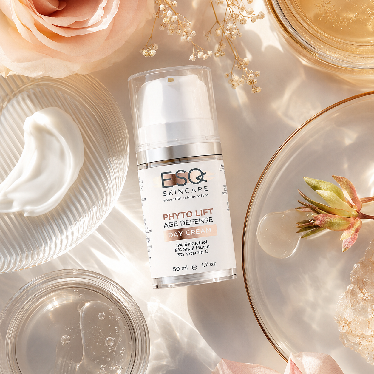 BSQ Skincare Phyto Lift Age Defense Day Crepe 50 ml pump bottle, styled in a flat-lay with skincare props including a cream smear, clear gel jar, rose, and petals on a warm beige background.