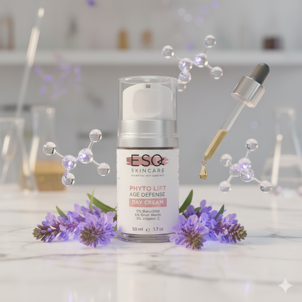 ESQ Skincare Phyto Lift Age Defense Day Cream with lavender flowers and a dropper on a blurred background
