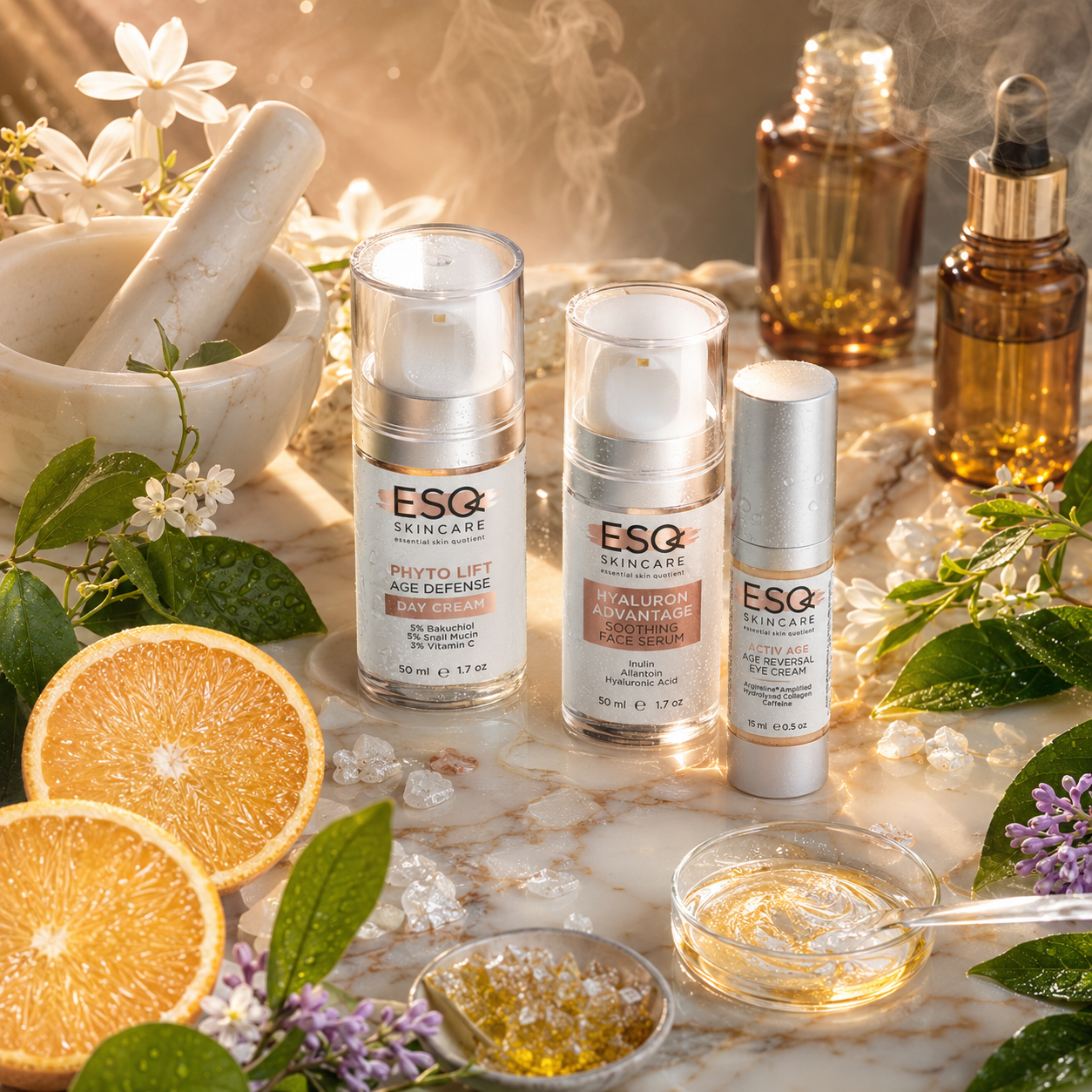 Three ESQ Skincare skincare bottles arranged on a marble surface with botanical and citrus props, including a mortar and pestle, sliced oranges, leaves, flowers, and a small dish of golden gel.