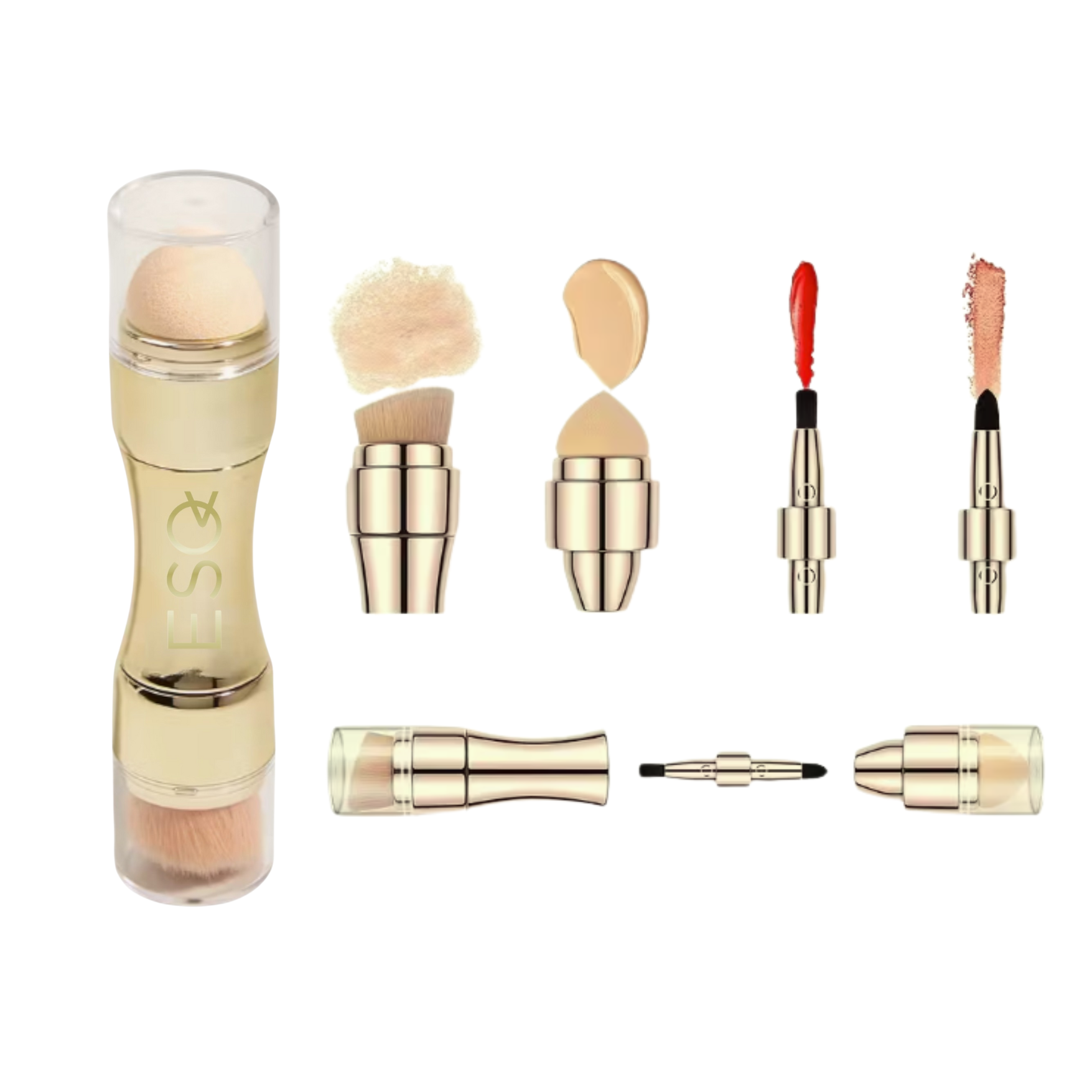 Collection of makeup products including a stick, brush, and lip products on a white background