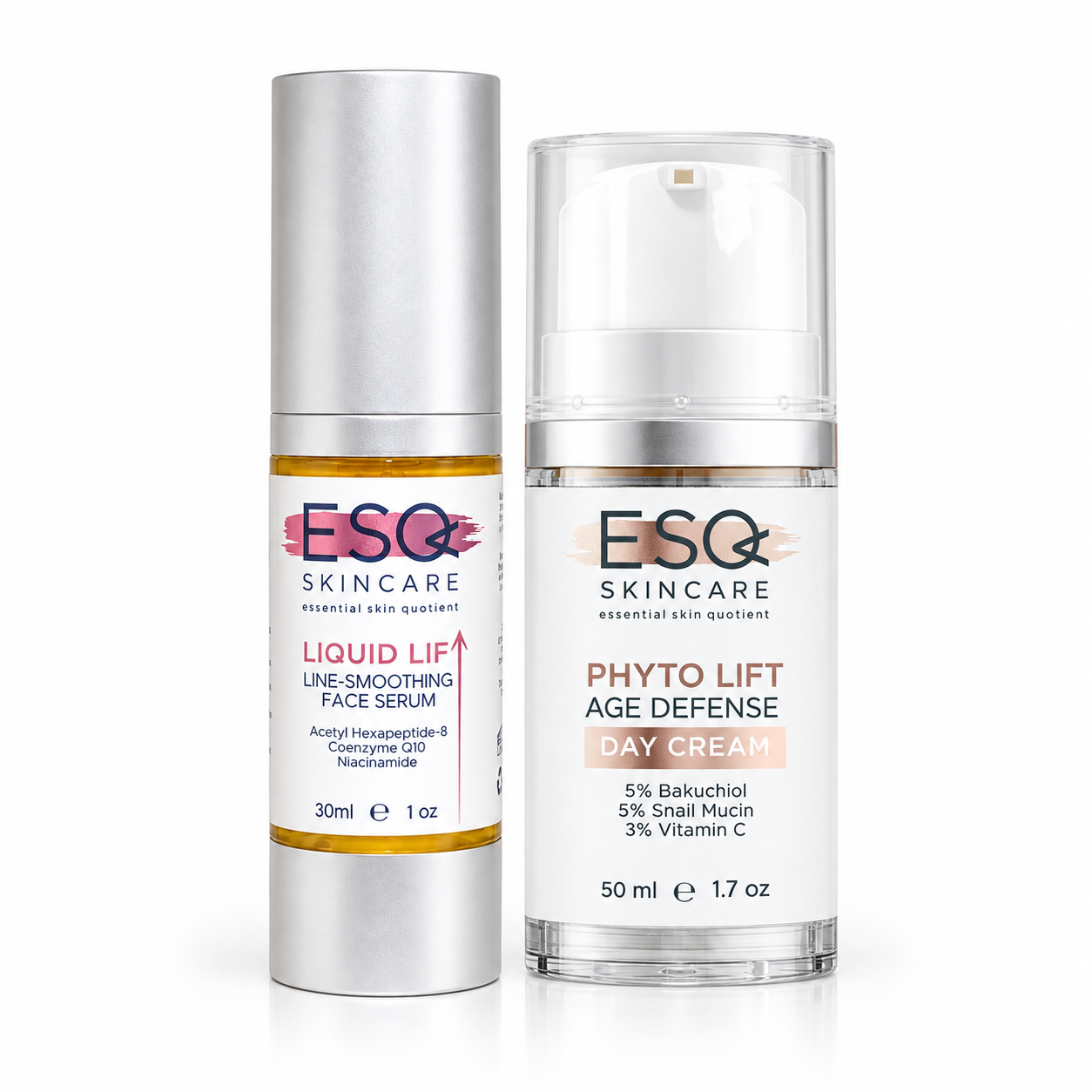 Two ESQ Skincare products on a white background: a silver and white Liquid Lift Face Serum bottle and a clear and white Phyto Lift Age Defense Day Cream pump bottle.