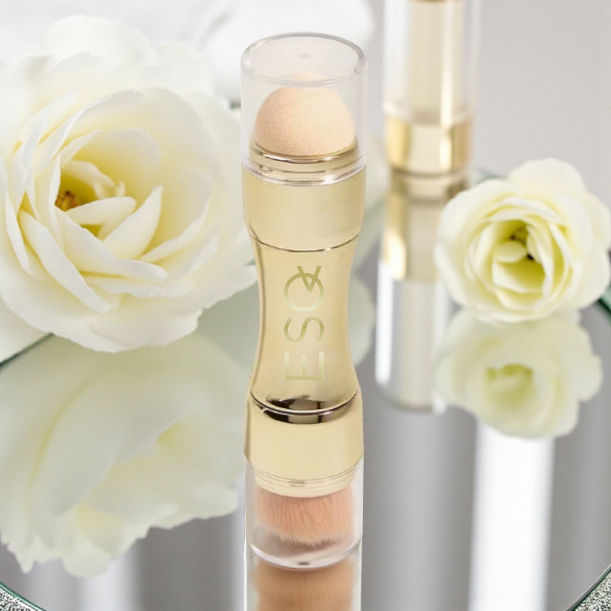 Makeup product with white roses in the background