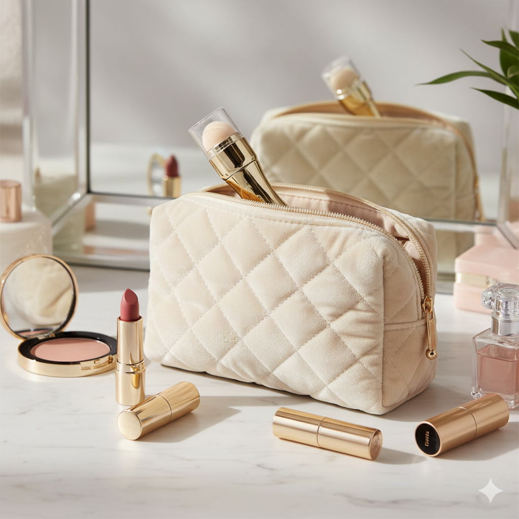 Quilted beige makeup bag with cosmetics on a light surface