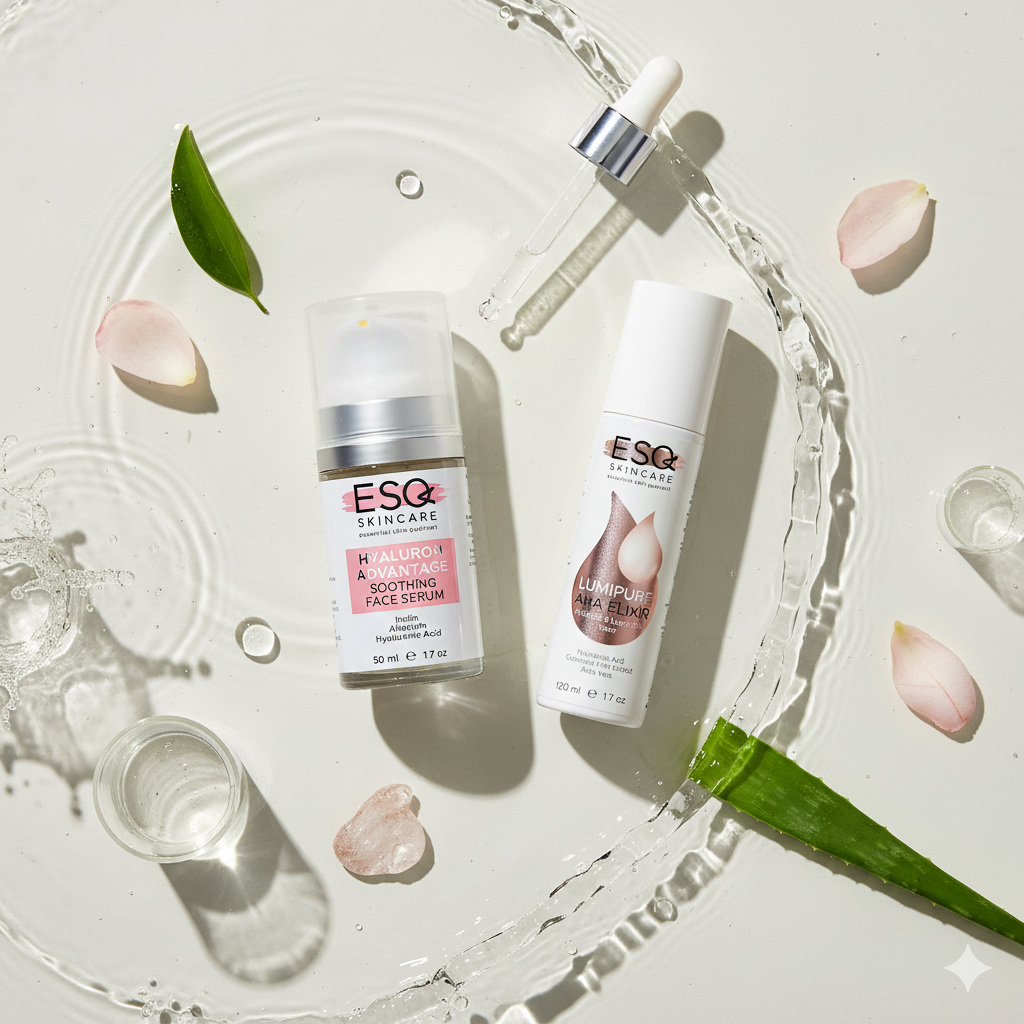 Two skincare products from ESQ Skincare on a decorative background with water droplets and leaves.