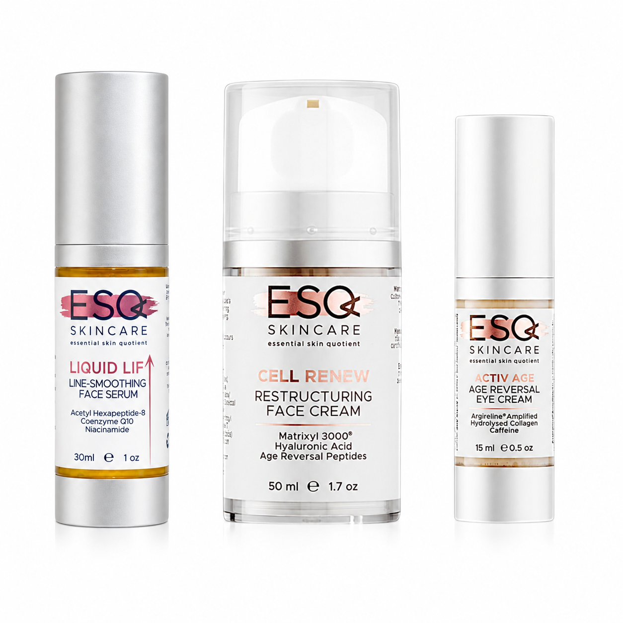 Three ESC Skincare products arranged side by side on a white background: a silver tube of Liquid Lip Smoothing Face Serum, a clear bottle of Cell Renew Restructuring Face Cream, and a white tube of Activage Age Reversal Eye Cream.
