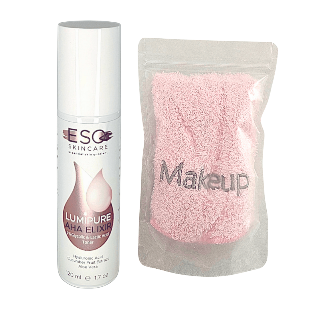 ESQ Skincare LumiPure AHA Elixir with Clean Slate Microfiber Cloth – A natural toner with glycolic and lactic acid paired with a makeup removal wipe for a smooth, radiant complexion.