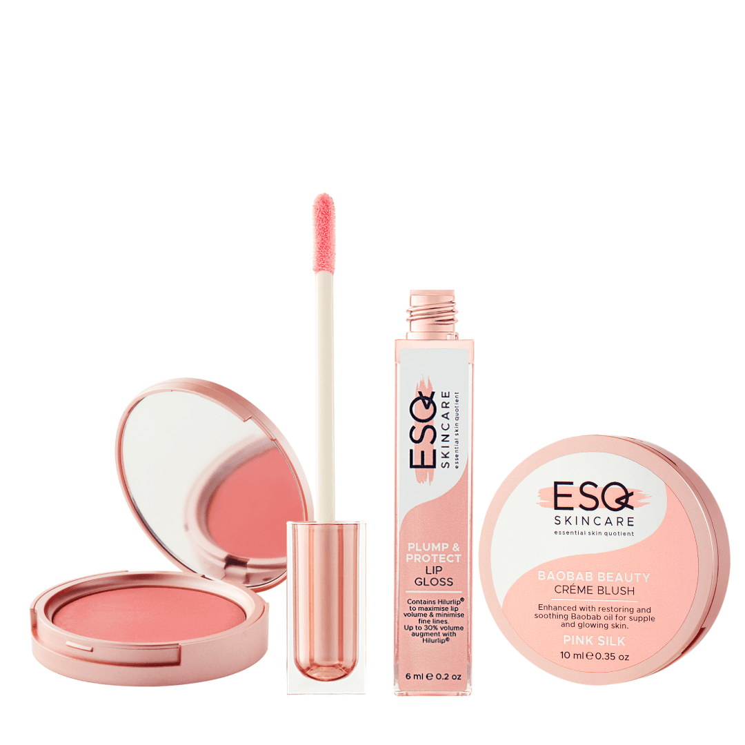 Glow On-the-Go Gift Set by ESQ Skincare featuring Baobab Beauty Crème Blush and Plump & Protect Lip Gloss in pink shades for a radiant, youthful glow.