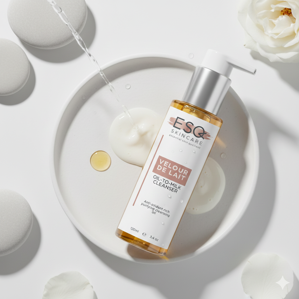 Skincare bottle labeled 'Velour de Lait' by ESQ Skincare on a white background with flowers.