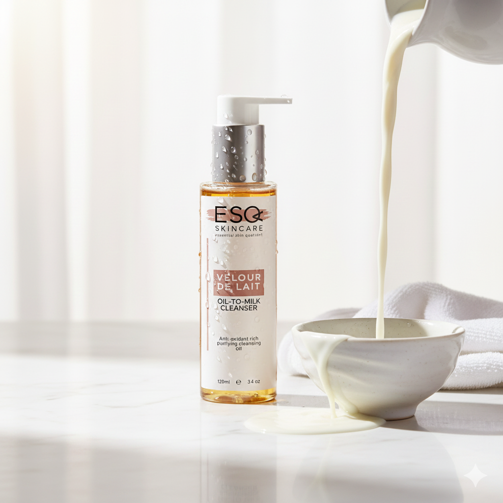 ESQ Skincare bottle of Velèur de Lait Oil-to-Milk Cleanser with a bowl of liquid being poured on a white background.
