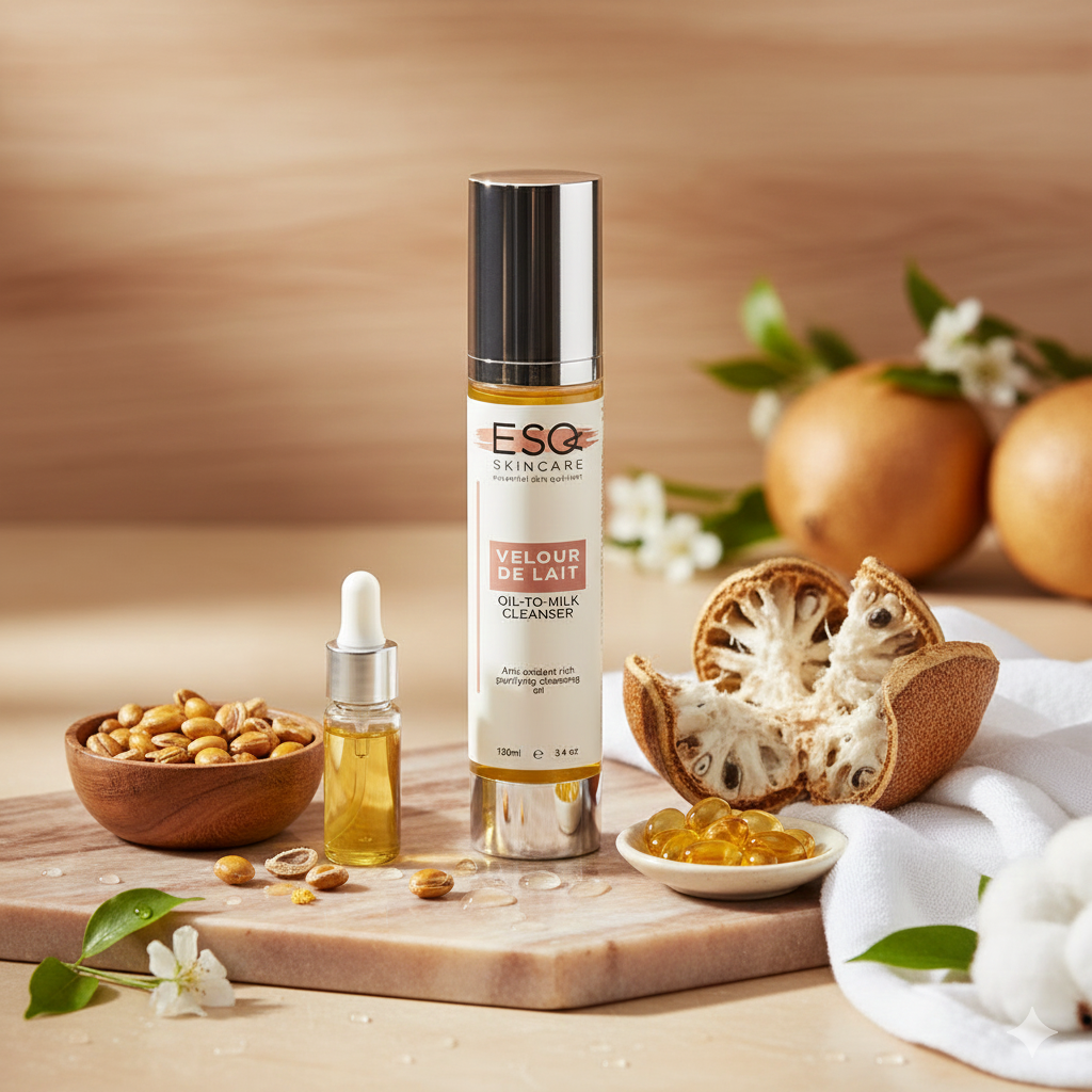 ESQ skincare bottle on a wooden surface with natural ingredients