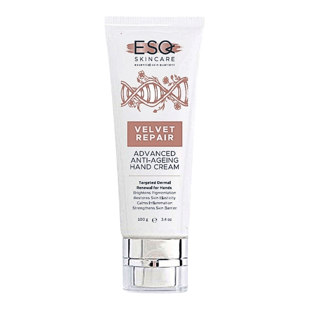Tube of ESQ Skincare Velvet Repair Advanced Anti-Ageing Hand Cream on a white background