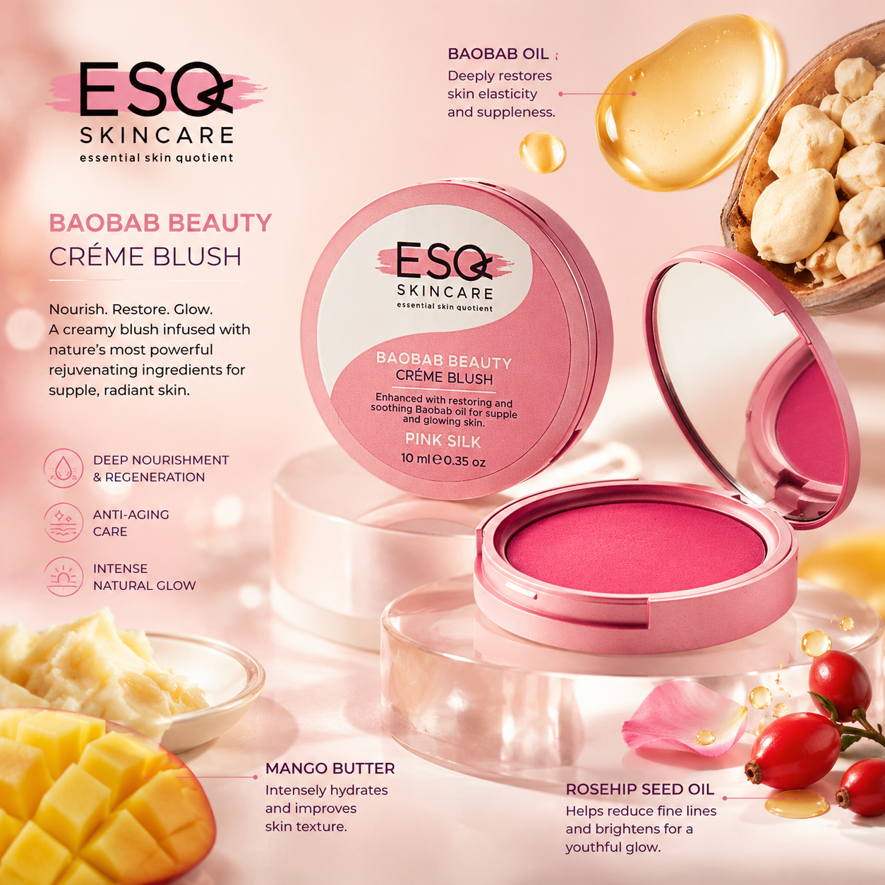 ESQ Skincare Baobab Beauty Crème Blush in Pink Chilli variant, shown as an open round compact with pink blush powder and a mirror, surrounded by ingredient callouts and beauty props on a soft pink background.
