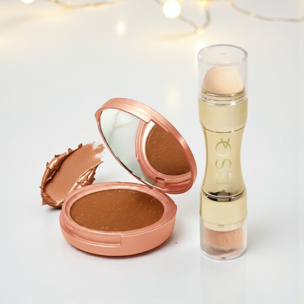 Makeup compact and stick with a mirror on a light background