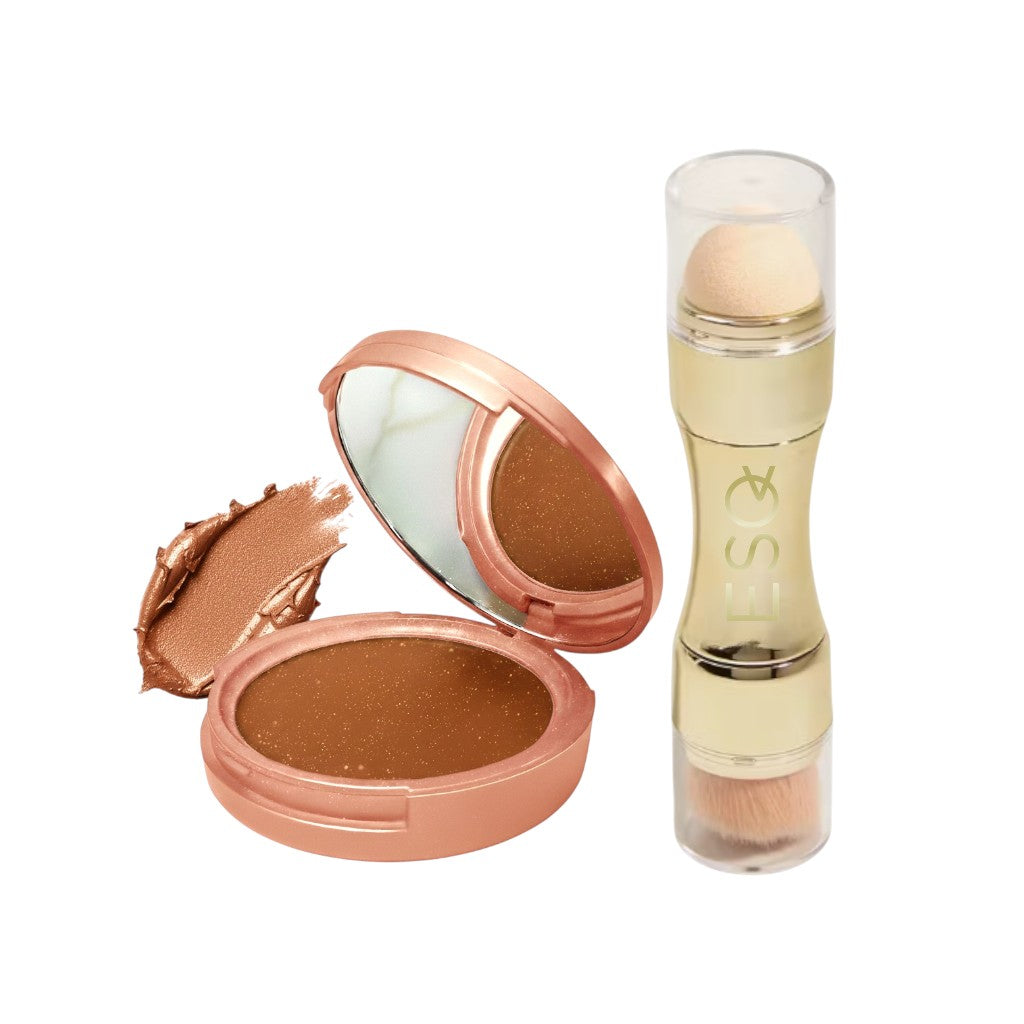 Makeup compact with open lid showing brown powder and a stick applicator on a white background.