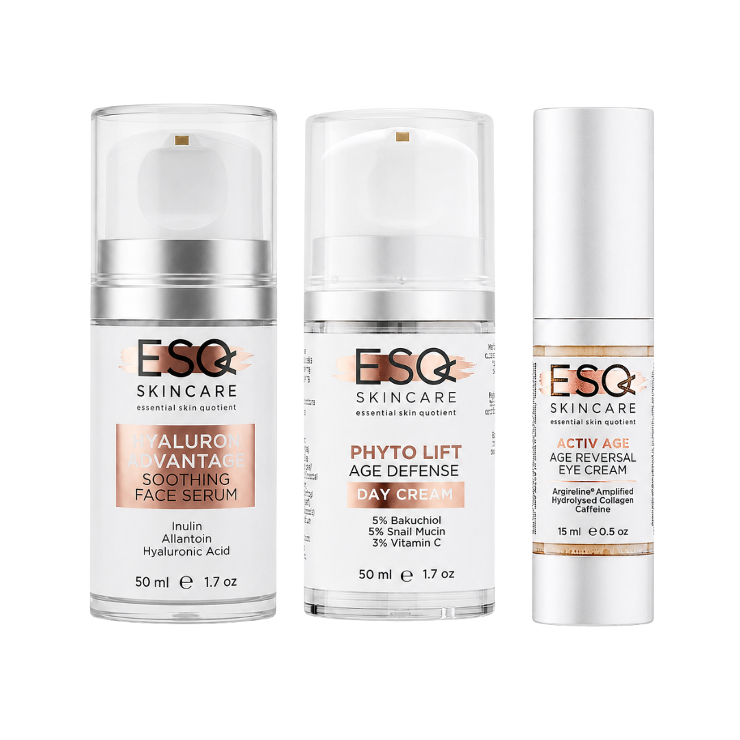 Three ESG Skincare products arranged side by side on a white background: a serum bottle, a day cream pump bottle, and an eye cream tube.