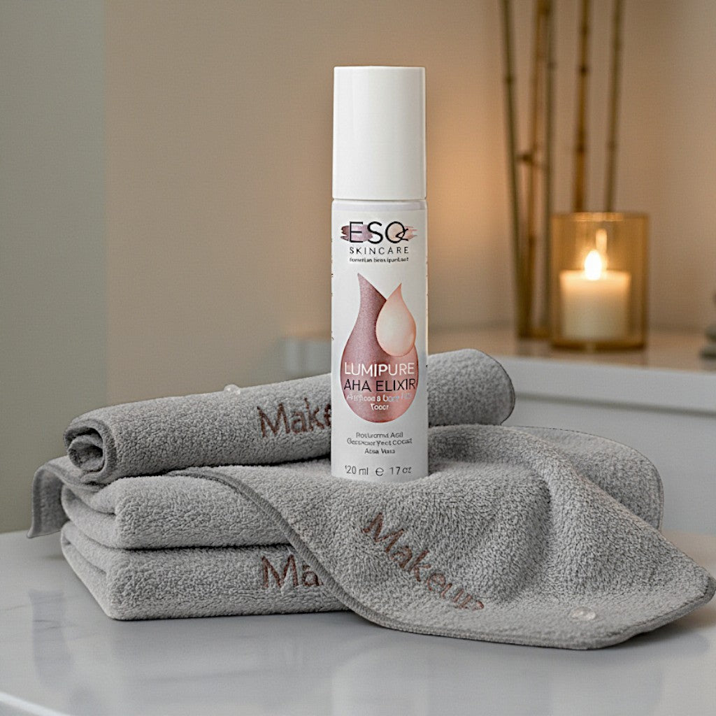 ESQ skincare bottle with makeup towels on a counter