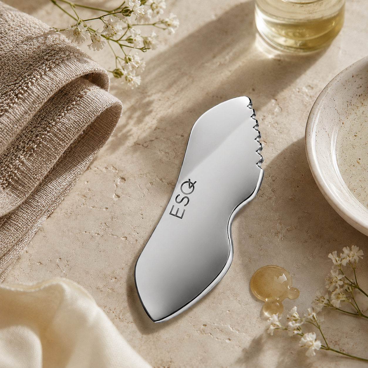 A polished silver metal facial gua sha massage tool with the brand name 'ESQ' engraved on it, styled on a beige stone surface with a beige knit blanket, small white flowers, a glass bottle, and a ceramic bowl.