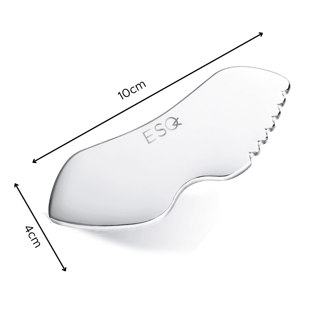 ESQ Skincare Stainless Steel Facial Gua Sha for lymph drainage, featuring a sleek 10cm x 4cm design with ergonomic edges for enhanced circulation.
