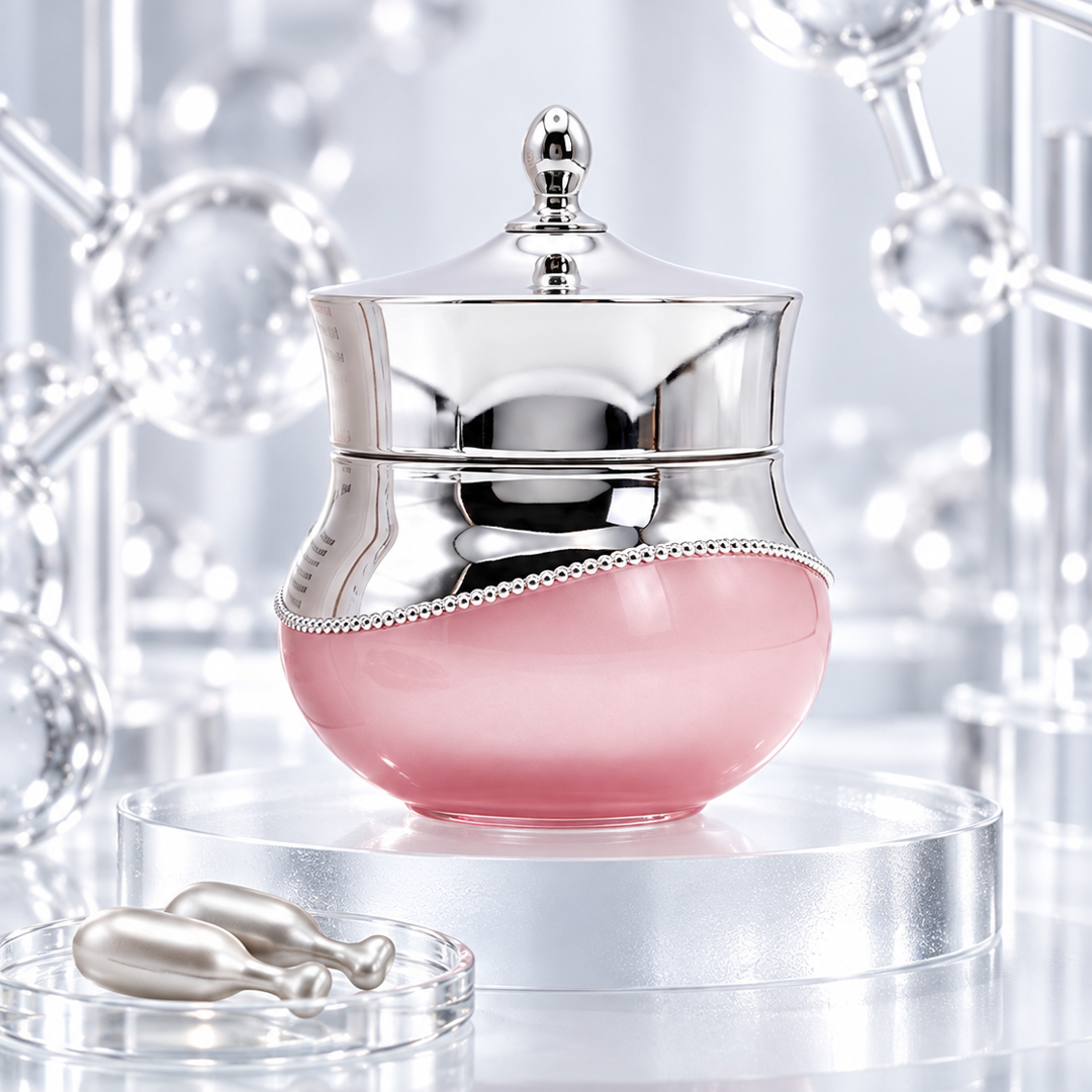 A cosmetic jar with a shiny silver lid and base, and a translucent pink middle section, displayed on a clear acrylic pedestal. Two small silver applicators rest in a clear dish in the foreground, with a soft-focus scientific or molecular background.
