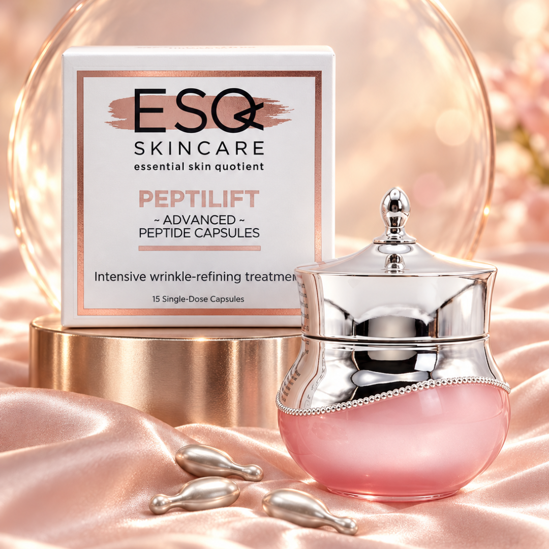 ESQ Skincare PEPtilift Intensive Wrinkle-Refining Treatment set, featuring a white and rose gold product box, a pink glass jar with a silver lid, and three silver single-dose capsules on a pink satin background.