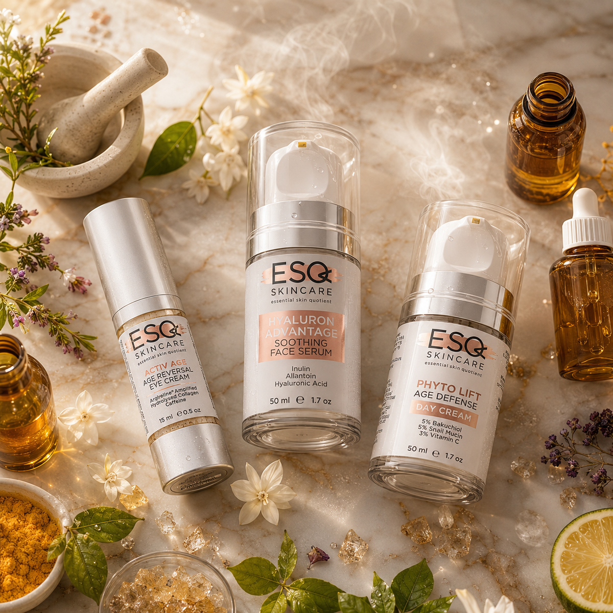 Three ESQ Skincare cosmetic bottles arranged on a light marble surface with botanical props and small bowls of ingredients. The products include a silver-toned bottle, a clear pump bottle with white and peach label, and a clear dropper bottle with white cap.