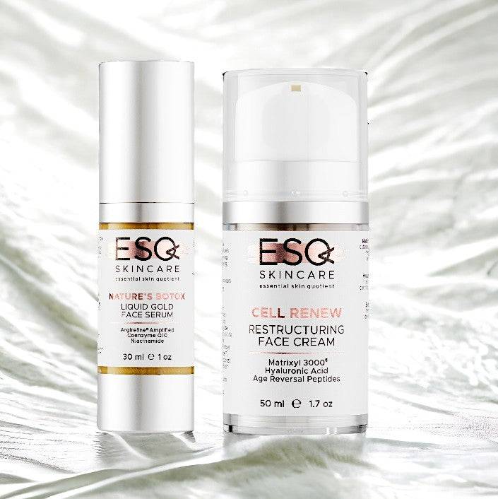 ESQ Skincare Nourish and Protect Gift Set – includes Cell Renew Restructuring Face Cream and Nature’s Botox Liquid Gold Face Serum designed to hydrate, firm, and rejuvenate skin for a youthful, radiant complexion