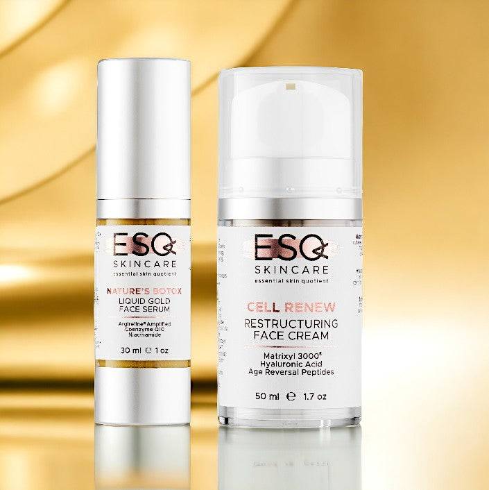 ESQ Skincare Nourish and Protect Gift Set – includes Cell Renew Restructuring Face Cream and Nature’s Botox Liquid Gold Face Serum designed to hydrate, firm, and rejuvenate skin for a youthful, radiant complexion