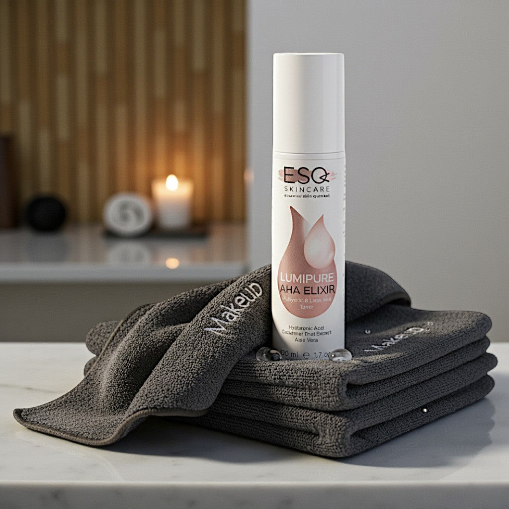 ESQ skincare bottle on a stack of towels with a blurred background