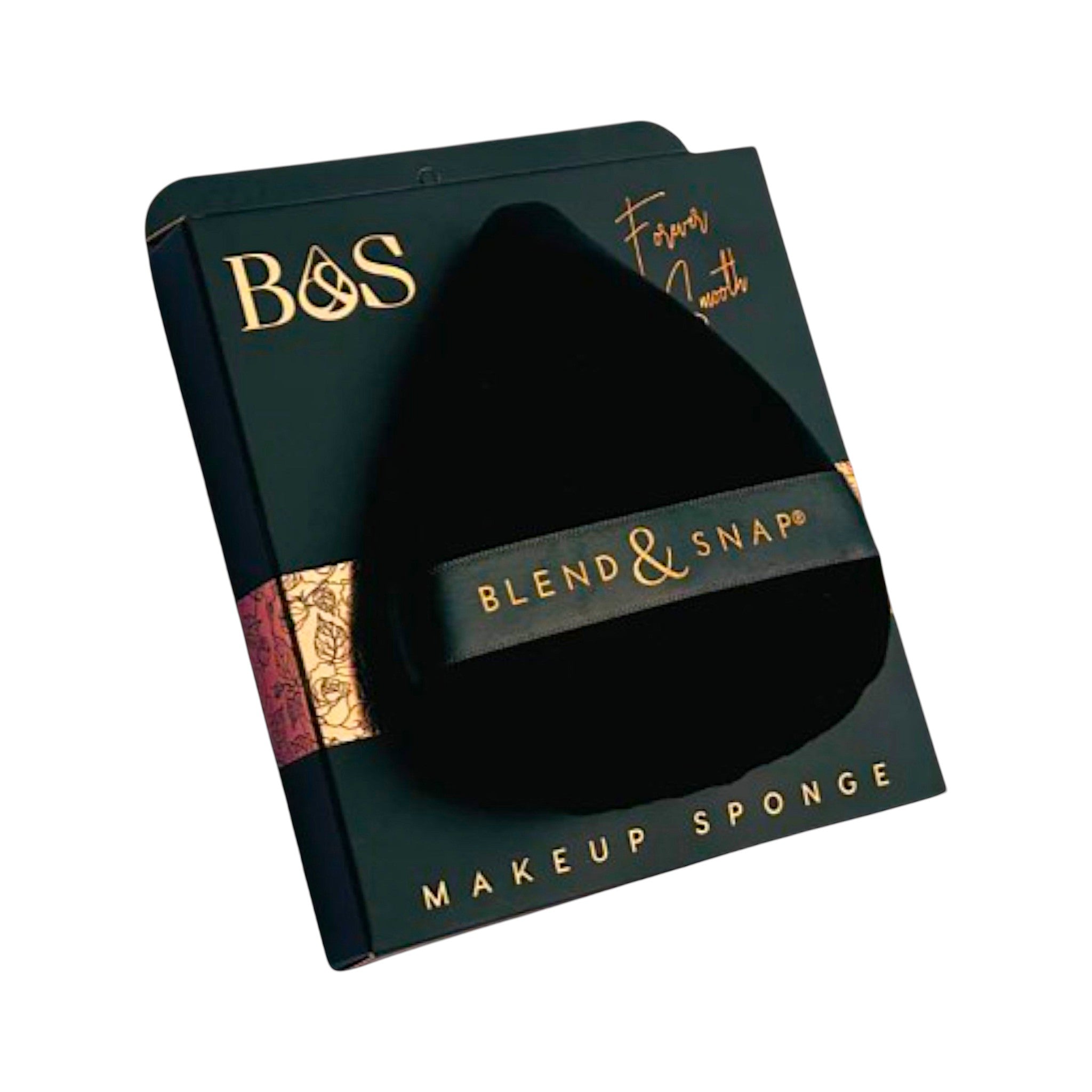 Makeup sponge with packaging labeled 'Blend & Snap' on a white background